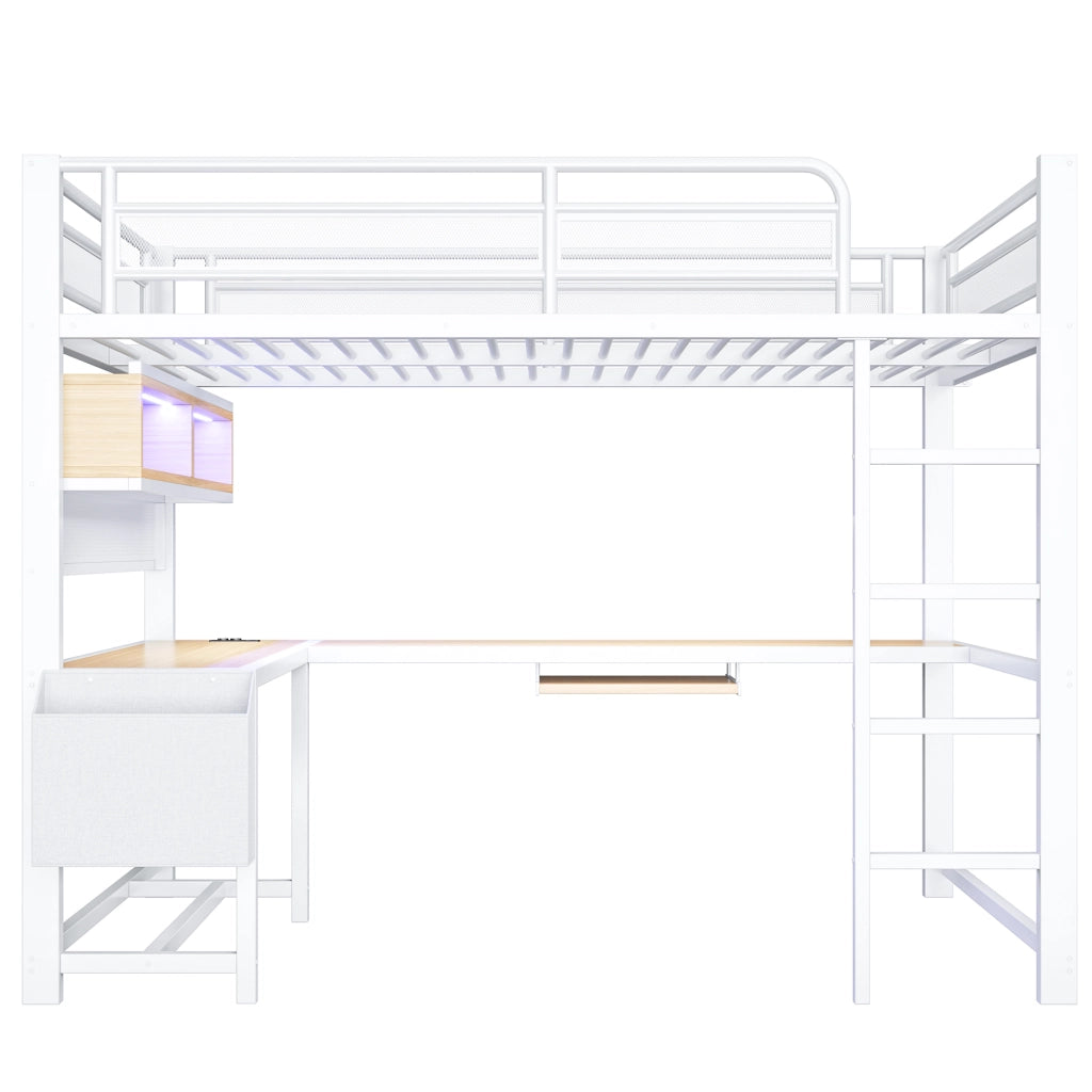 Letto a Soppalco Letto Singolo 140x200 cm con Scrivania; LED; USB e Prese - Bianco