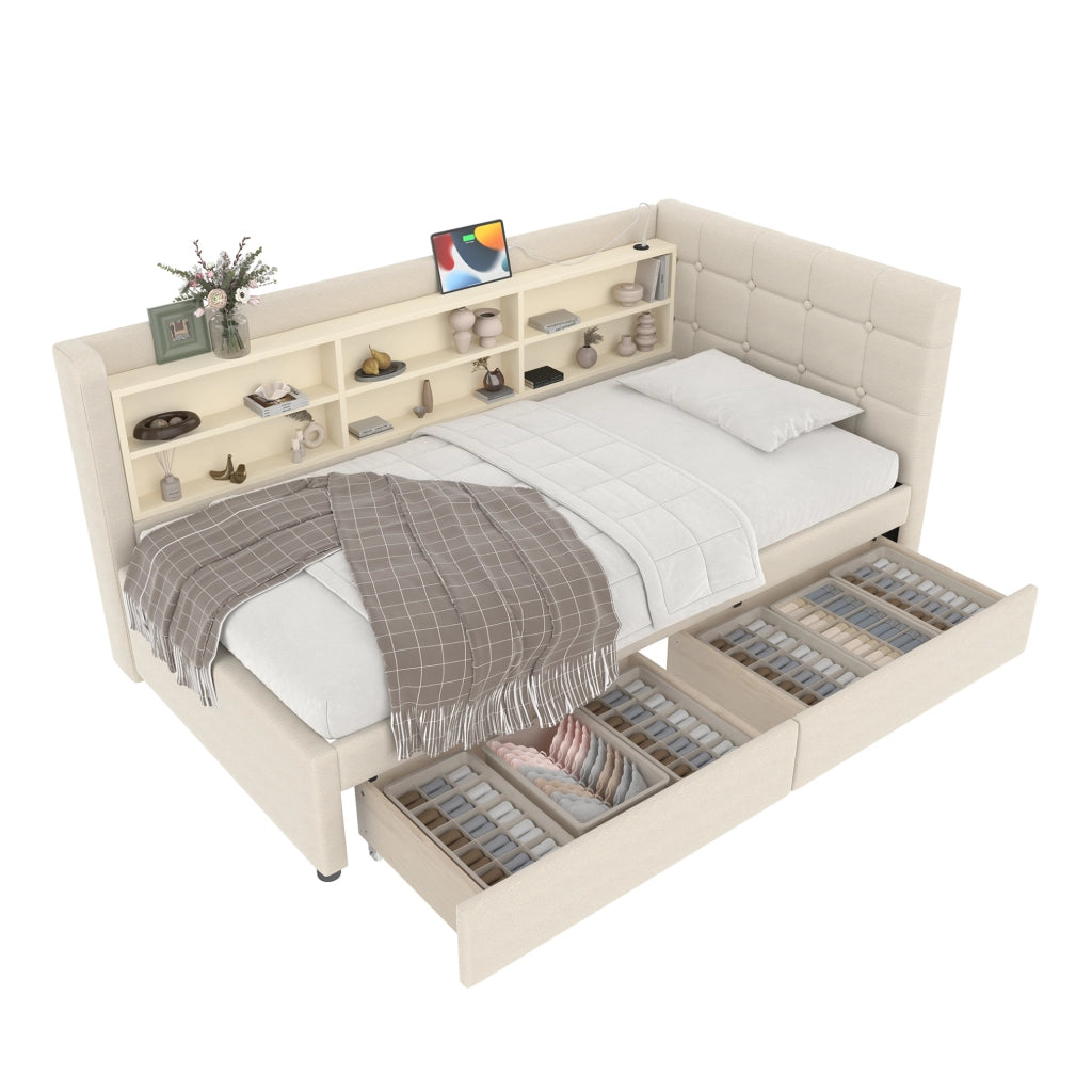 Letto 90x200 cm con 2 cassetti; USB e Tipo C in lino e MDF beige
