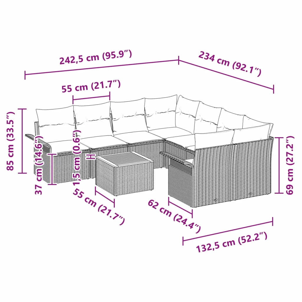 Set Divano da Giardino con cuscino 9 pcs Grigio polyrattan