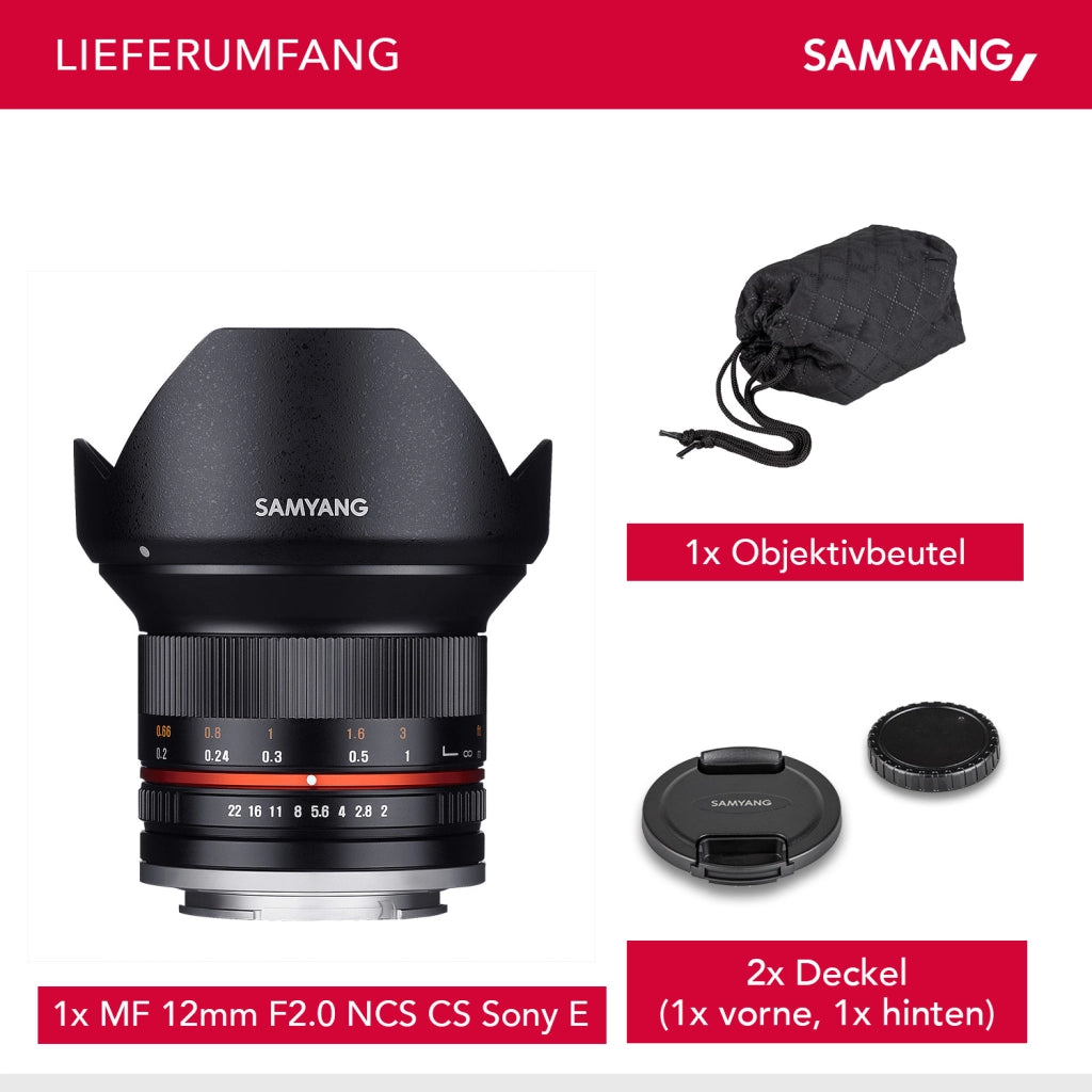Obiettivo grandangolare fisso 12mm F2.0 APS-C per Sony E- APS-C, MF – Fotocamera Alpha 6600 6500 6400 6300 6100 6000 5100 5000 – nero