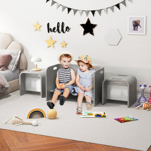 Set tavolo e sedie in legno di faggio per bambini, Set multiuso con tavola spessa e superficie liscia Grigio-Tavoli e sedie