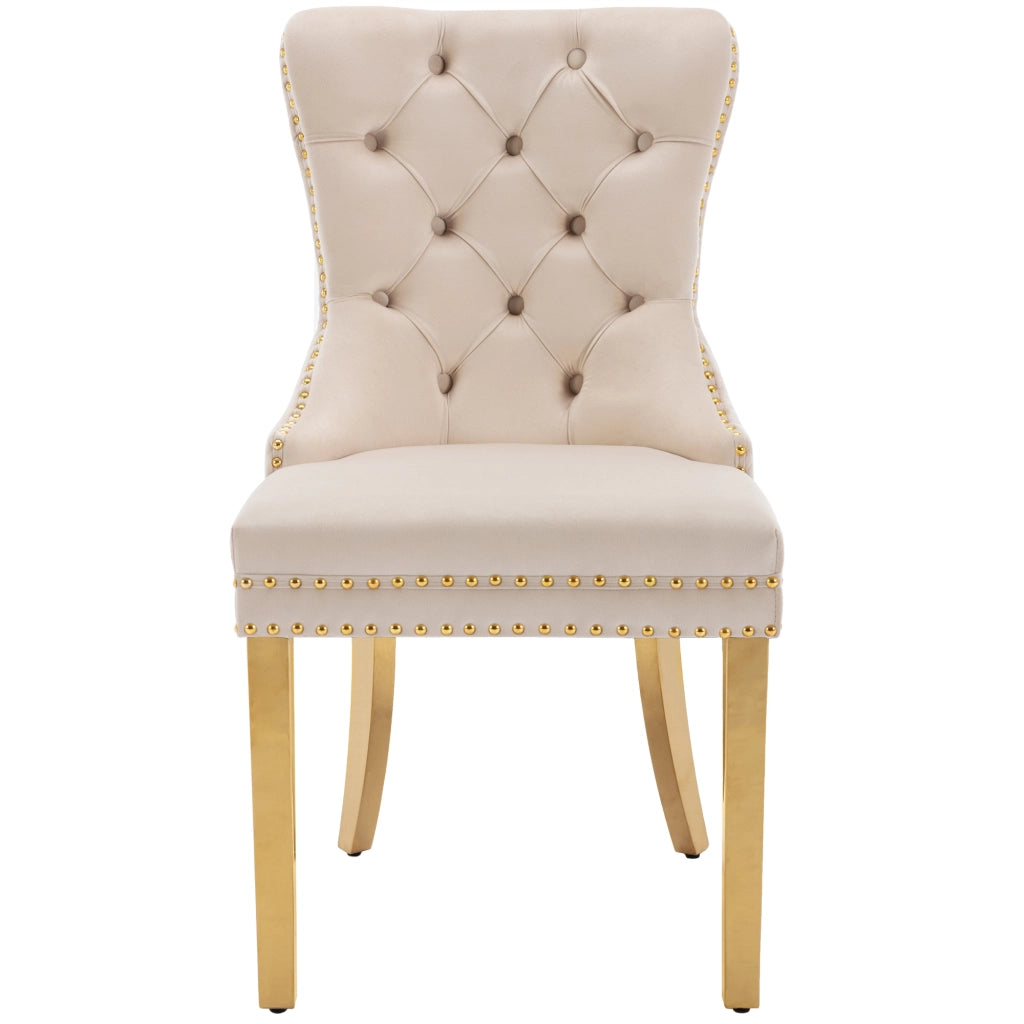 Sedia da Pranzo Imbottita con Schienale con Batacchio, Borchie Decorative e Piedini Regolabili, Velluto Beige 50.5 × 45 × 95 cm