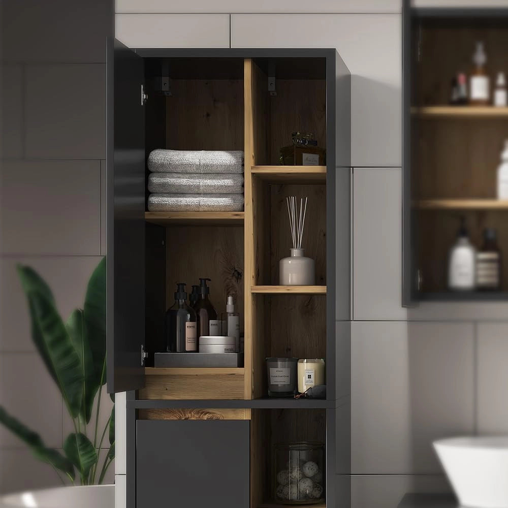 Armadio per il bagno Viola, Antracite, 50 x 170 cm con ante e vani a giorno, adatto al montaggio a parete e combinabile con altri mobili Viola