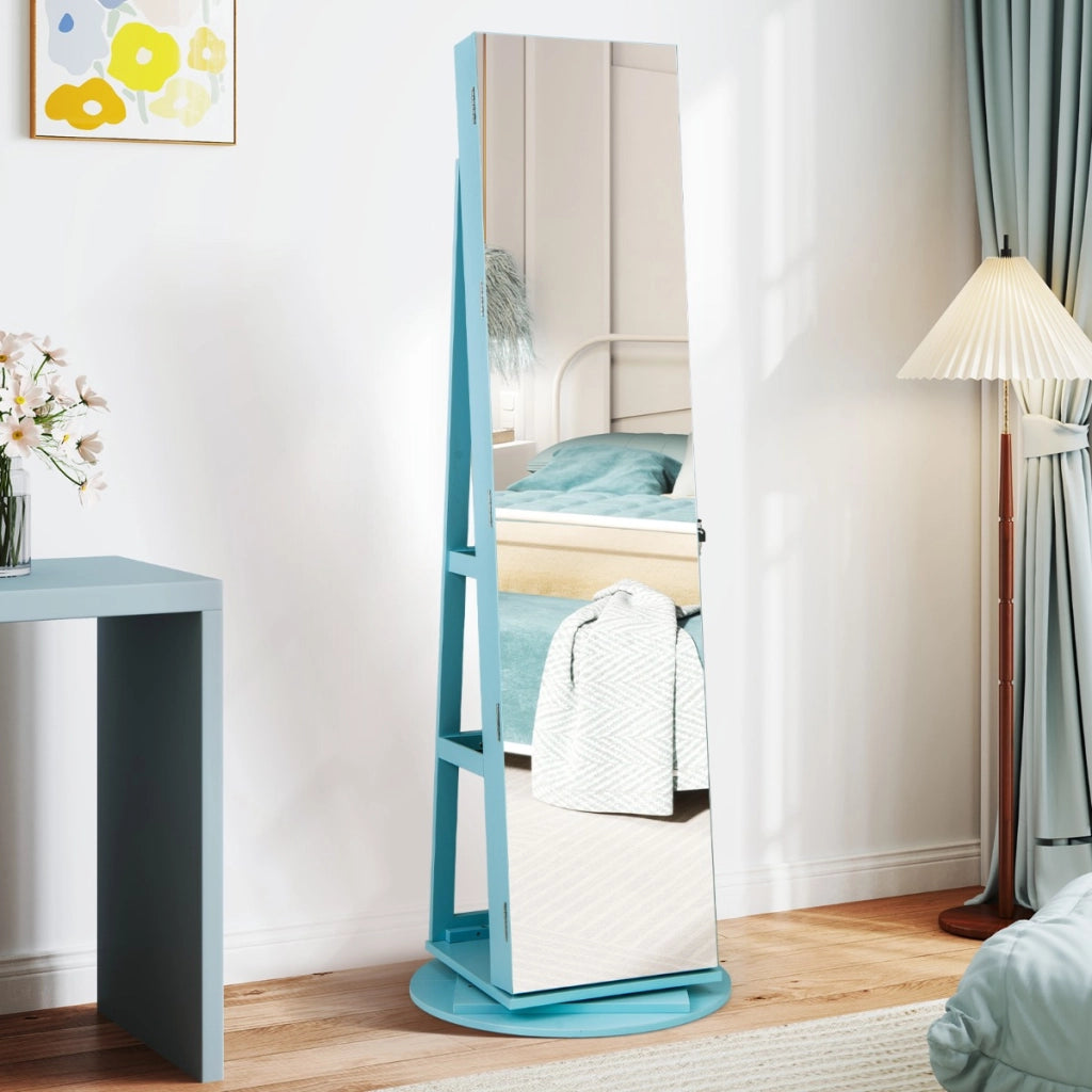 Armadio portagioielli girevole con specchio a figura intera luci LED, Organizer da terra di gioielli Blu-Armadietti per gioielli