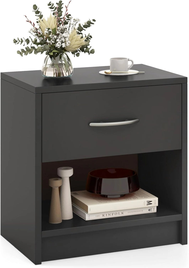 COSTWAY Comodino 38,5 x 28 x 40,5cm in Legno, Tavolino Salvaspazio con Scomparto Aperto e Casseto per Soggiorno e Camera da Letto (Grigio)