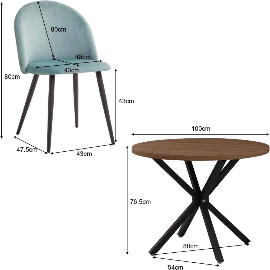 GrandCA HOME Set Tavolo e Sedie da Pranzo, Tavolo Rotondo da 100 cm e 4 Sedie in Velluto Nordico, Adatto a Soggiorno, Sala da Pranzo e Cucina (Venature in Legno Scuro + Verde)