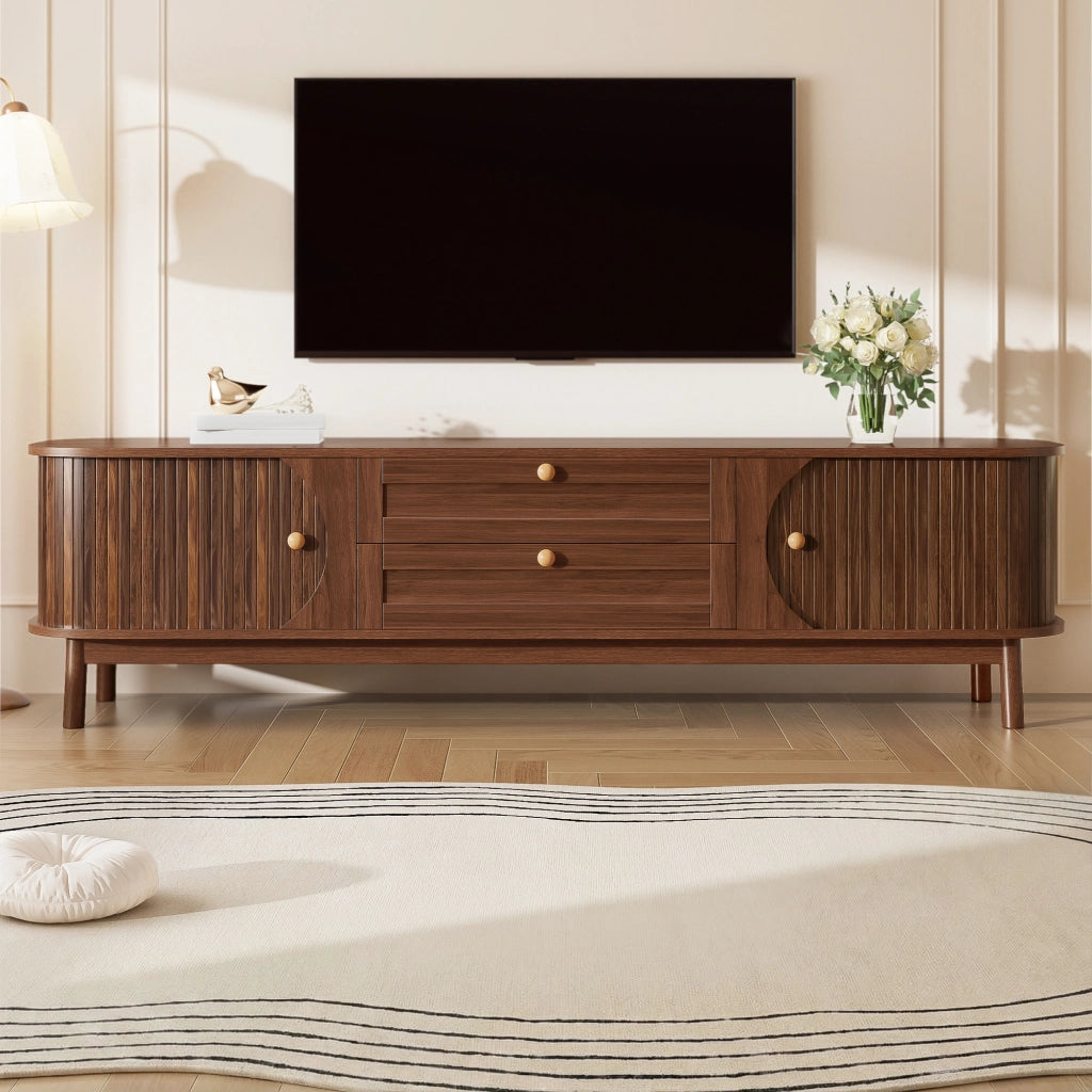 OKWISH Mobile TV con Ante Scorrevoli e Cassetti, Gambe in Legno, per Soggiorno, MDF, Noce, 170 x 39,5 x 46 cm