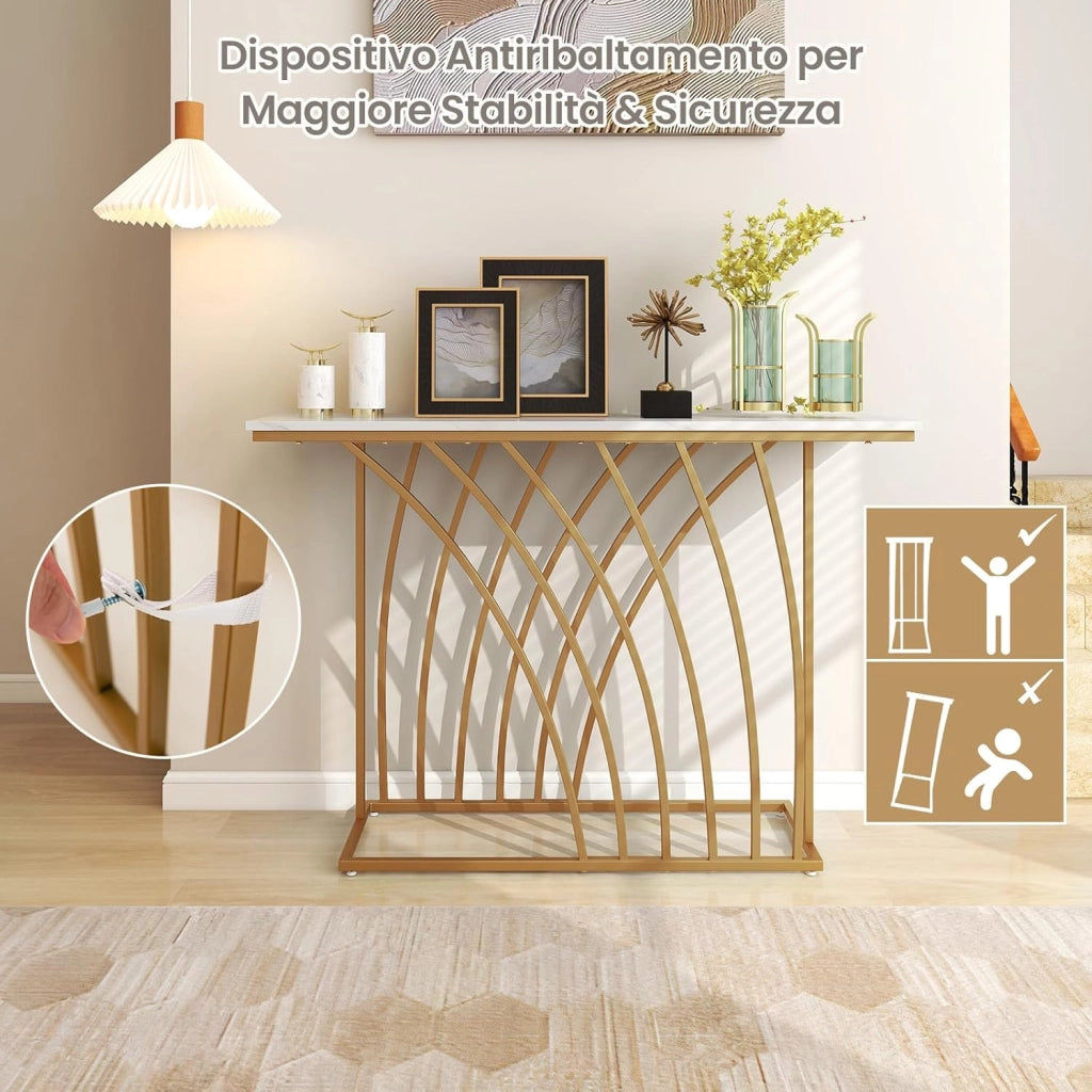 Tavolo Consolle, Tavolo da Ingresso Moderno con Piano Effetto Marmo Bianco, Base Geometrica, Tavolo Lungo e Stretto da Divano per Soggiorno e Ingresso