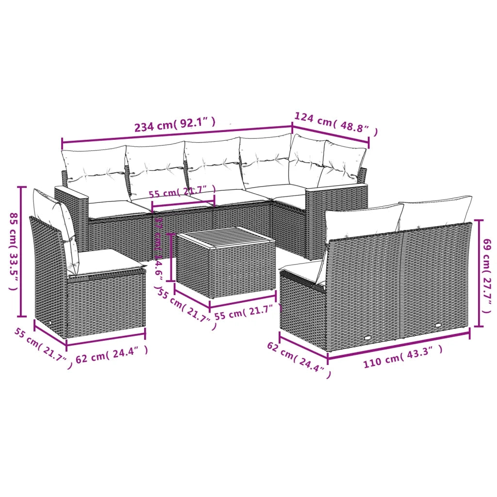 Set Divano da Giardino 9 pz con Cuscini Grigio in Polyrattan 3226053