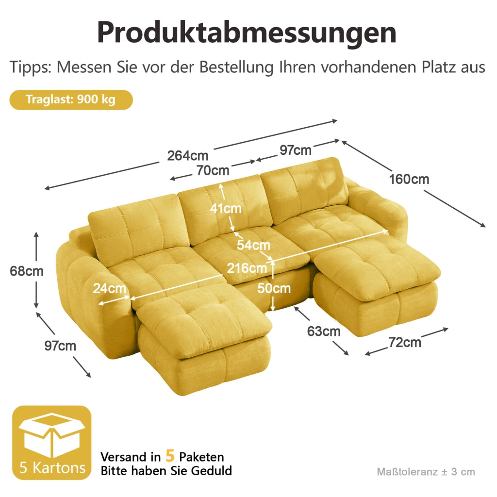 DIVANO Modulare a U 264x160 cm in Chenille Giallo