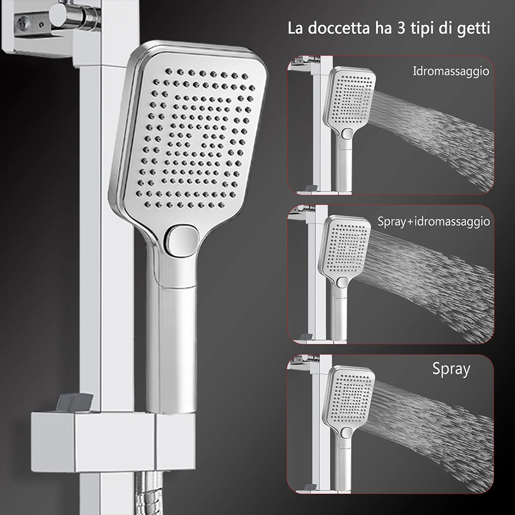 Grande soffione doccia 30x30cm con miscelatore termostatico e doccetta a 3 modi di getti, cromo