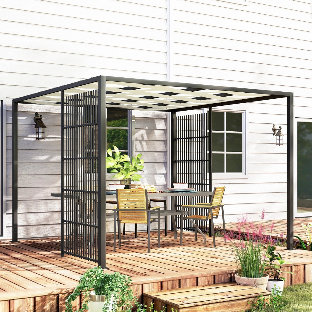 Pergola Gazebo da Giardino 295x295x210 cm Copertura Ondulata e Pannelli Laterali in Metallo Nero