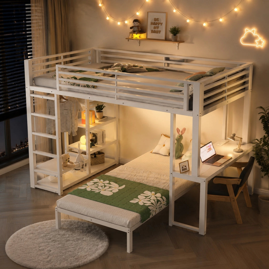 Letto a soppalco 90 × 200 cm con scrivania, 4 ripiani, armadio aperto e presa USB e tipo C, senza materasso, bianco