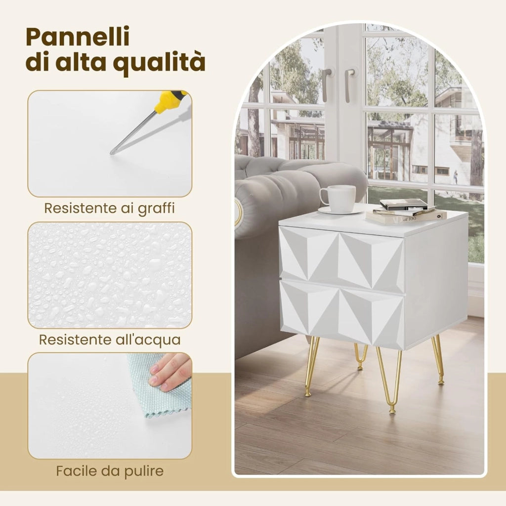 Comodino per Camera da Letto, Comodino Bianco con 2 Cassetti e Gambe Dorate, 40x40x53cm, Tavolino da Salotto, Divano, Cameretta, Frontale in Rilievo, in Legno e Metallo, 0001CTG