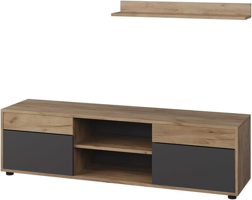 Parete attrezzata soggiorno Berno, Nero/antico, 2 parti, per la conservazione di accessori multimediali e l'esposizione di decorazioni