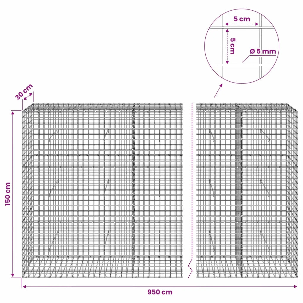 Gabione con filo da 5 mm e rete da 5x5 cm 950x30x150 cm 3464197