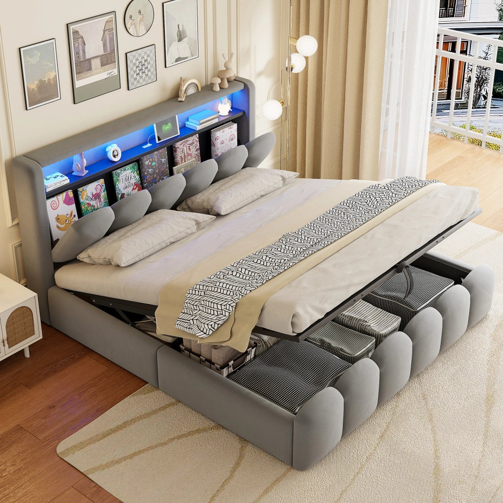 OKWISH Letto Contenitore 180×200 cm, Letto Matrimoniale con Contenitore, USB, Type C, LED Regolabile e Vani Testiera, senza Materasso, Grigio