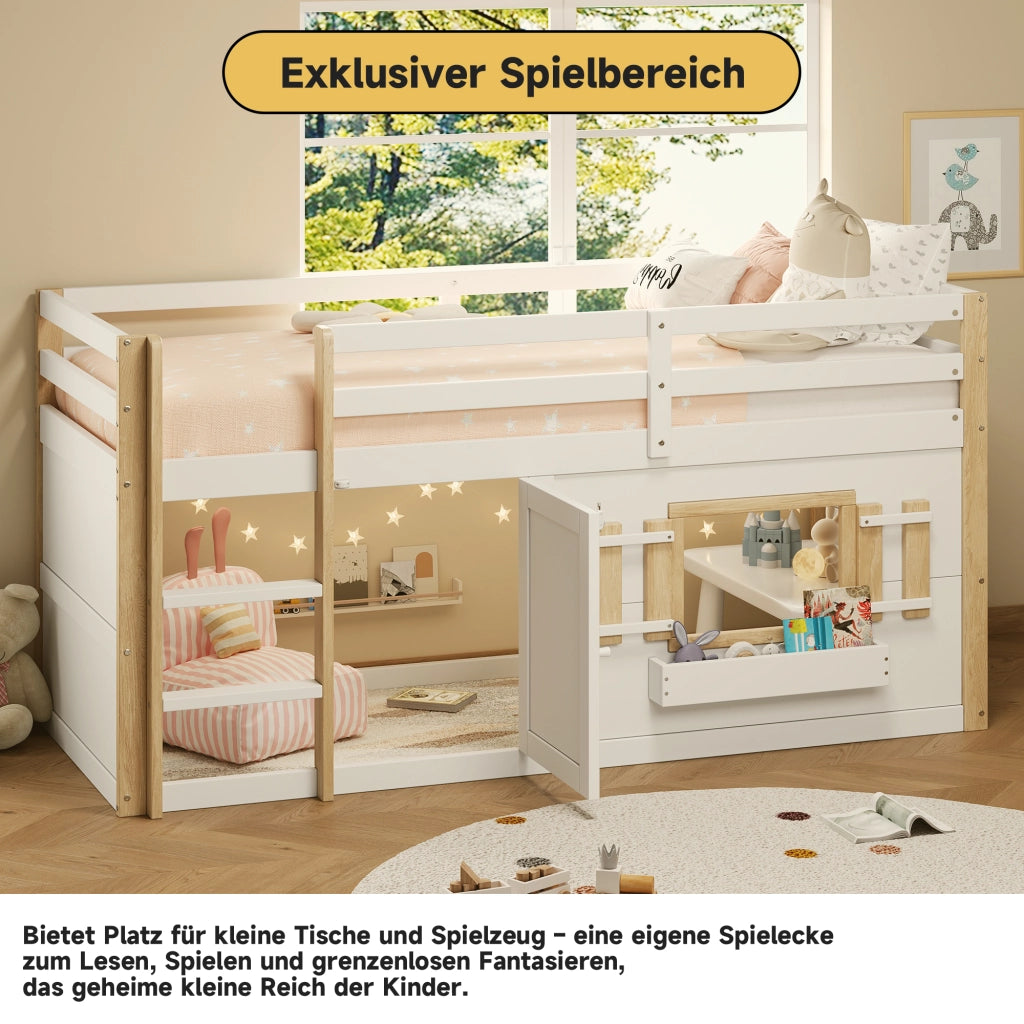 Letto a Soppalco 90 x 200 cm con Scaletta; Area Giochi - in Legno Massello e MDF - Bianco