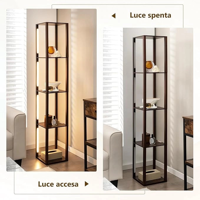 Lampada da Terra con Mensola, Lampadine LED Dimmerabili a 3 Livelli e Poli LED Ruotabili, Piantana Lampada da Terra per Soggiorno, Studio e Camera da Letto (Marrone)