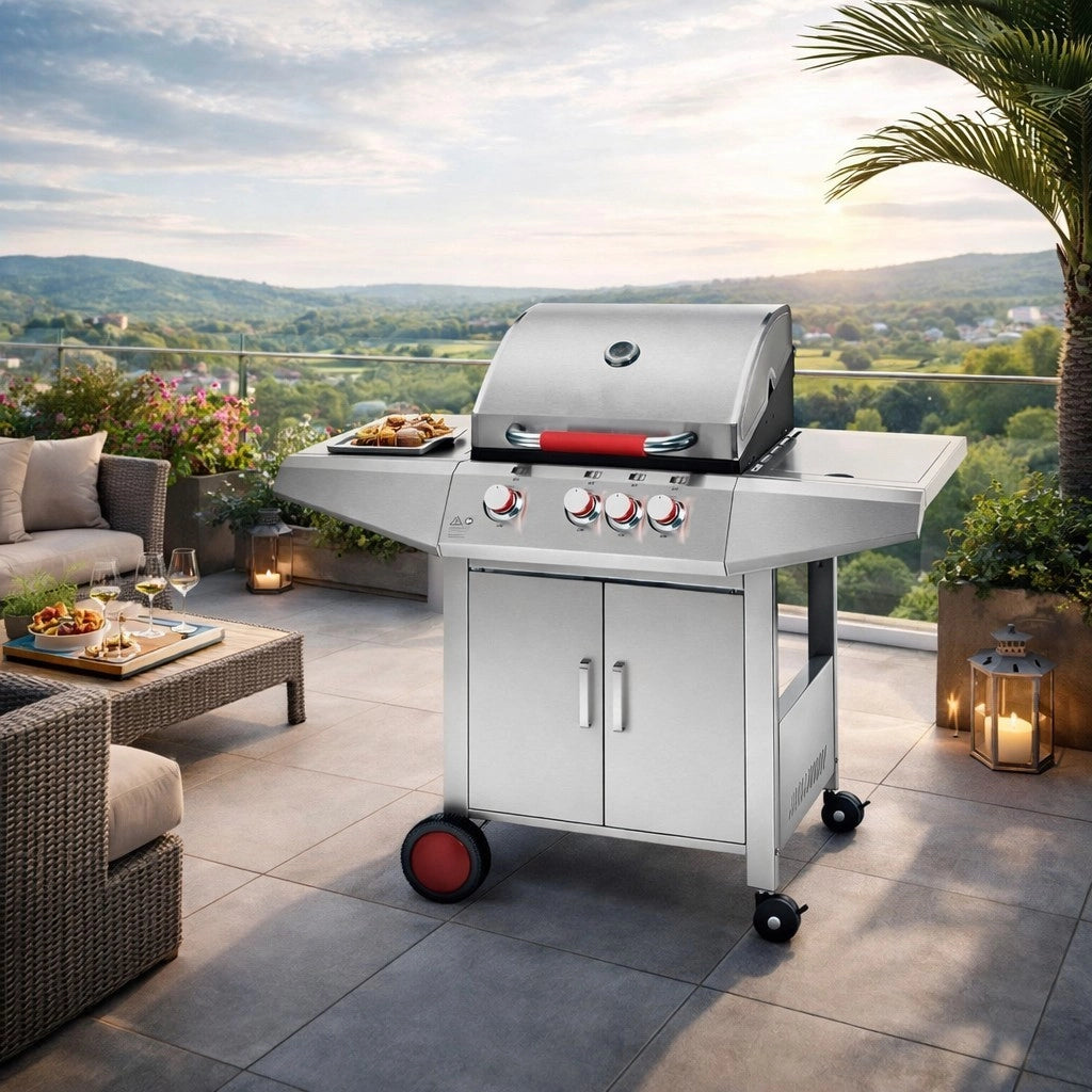 Ferraboli Barbecue Diamond 3+1 a Gas GPL – 3 Bruciatori + Fornello Laterale, Griglia Ampia, Coperchio con Termometro, Carrello con Ruote, BBQ da Giardino