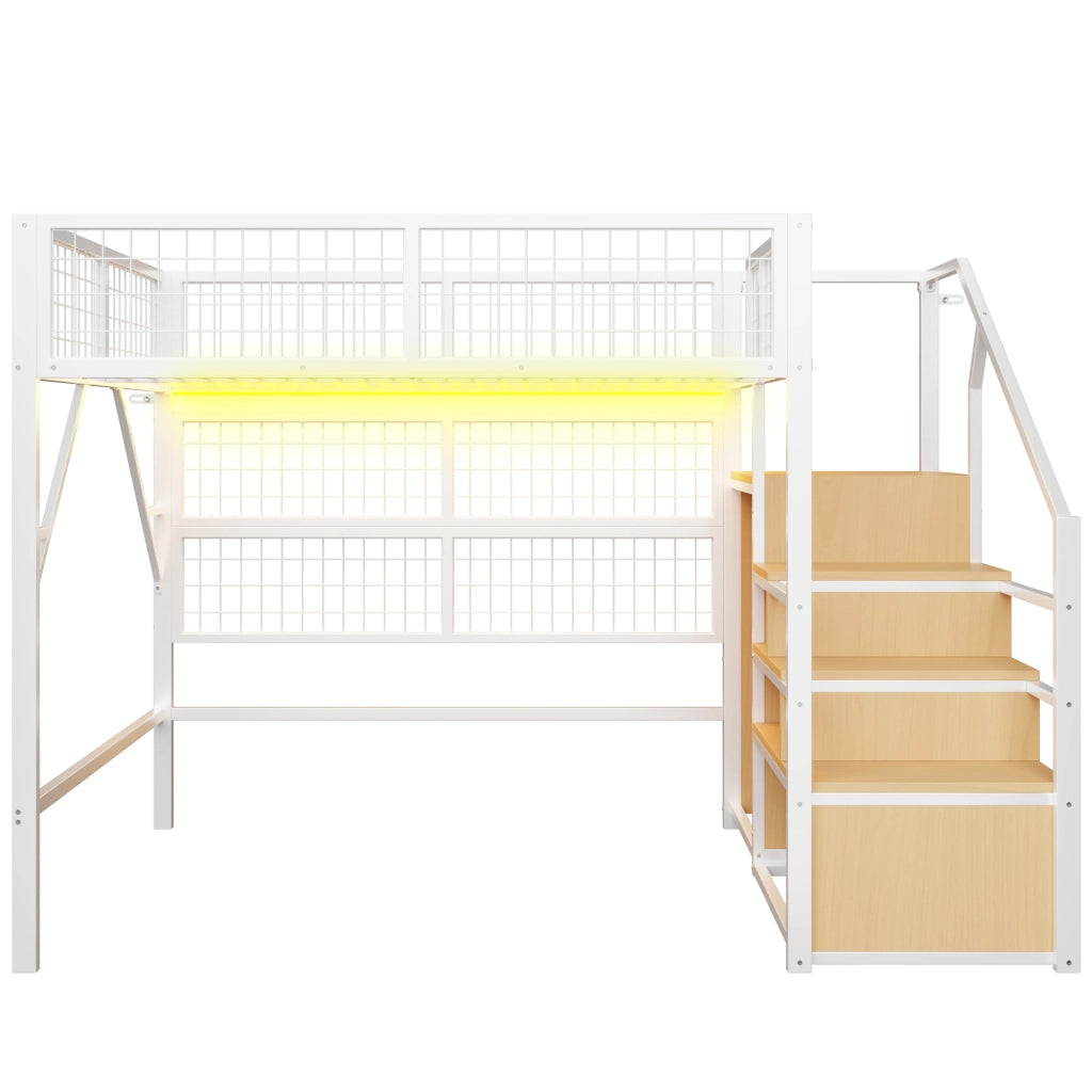 Letto a soppalco in metallo 140x200 cm con scala, vani contenitore e LED, Bianco/Nero