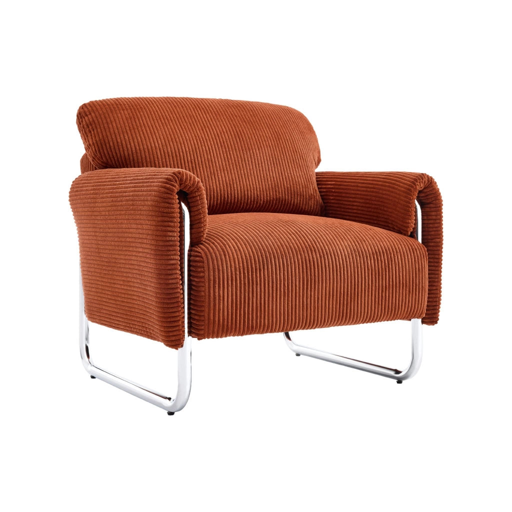 Poltrona vintage in velluto a coste con struttura cromata, terracotta