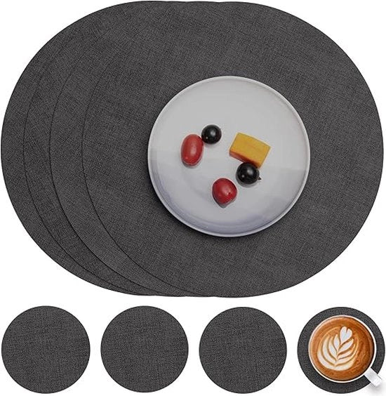Set di tovagliette in pelle e piedini, set da 4, tovagliette, rotonde, antiscivolo, doppia faccia, lavabile, resistente al calore, grigio, set da 4