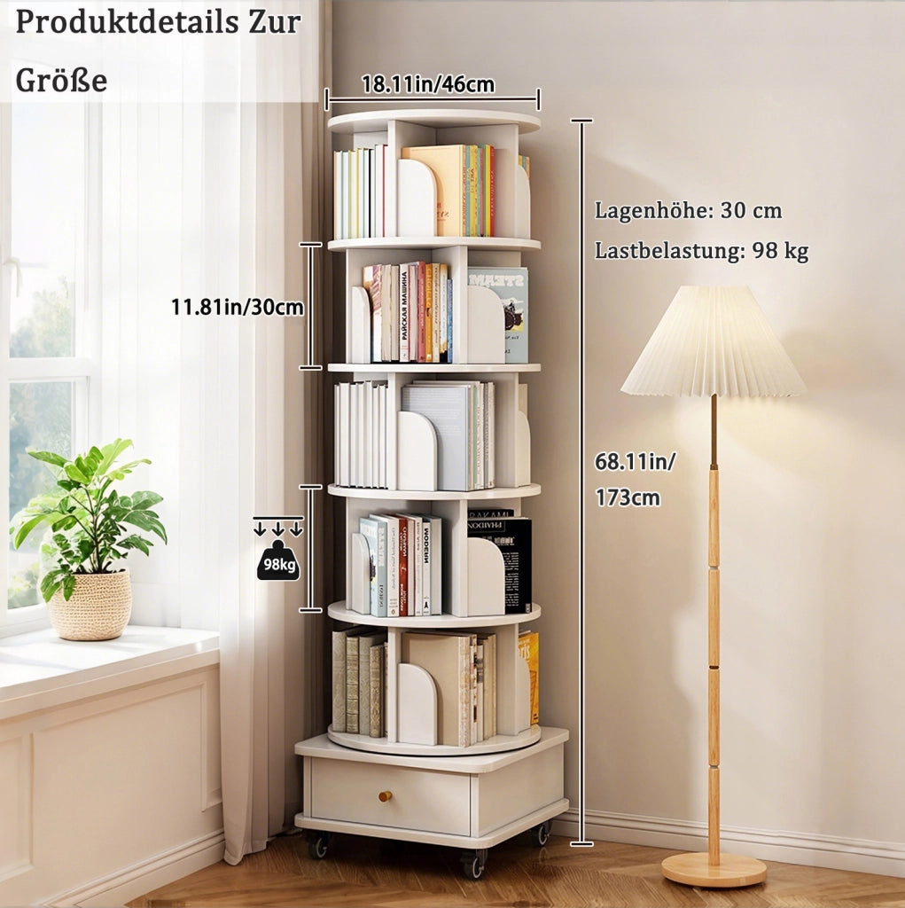 Libreria Girevole a 360° con Cassetto e Ruote, Bianca in MDF