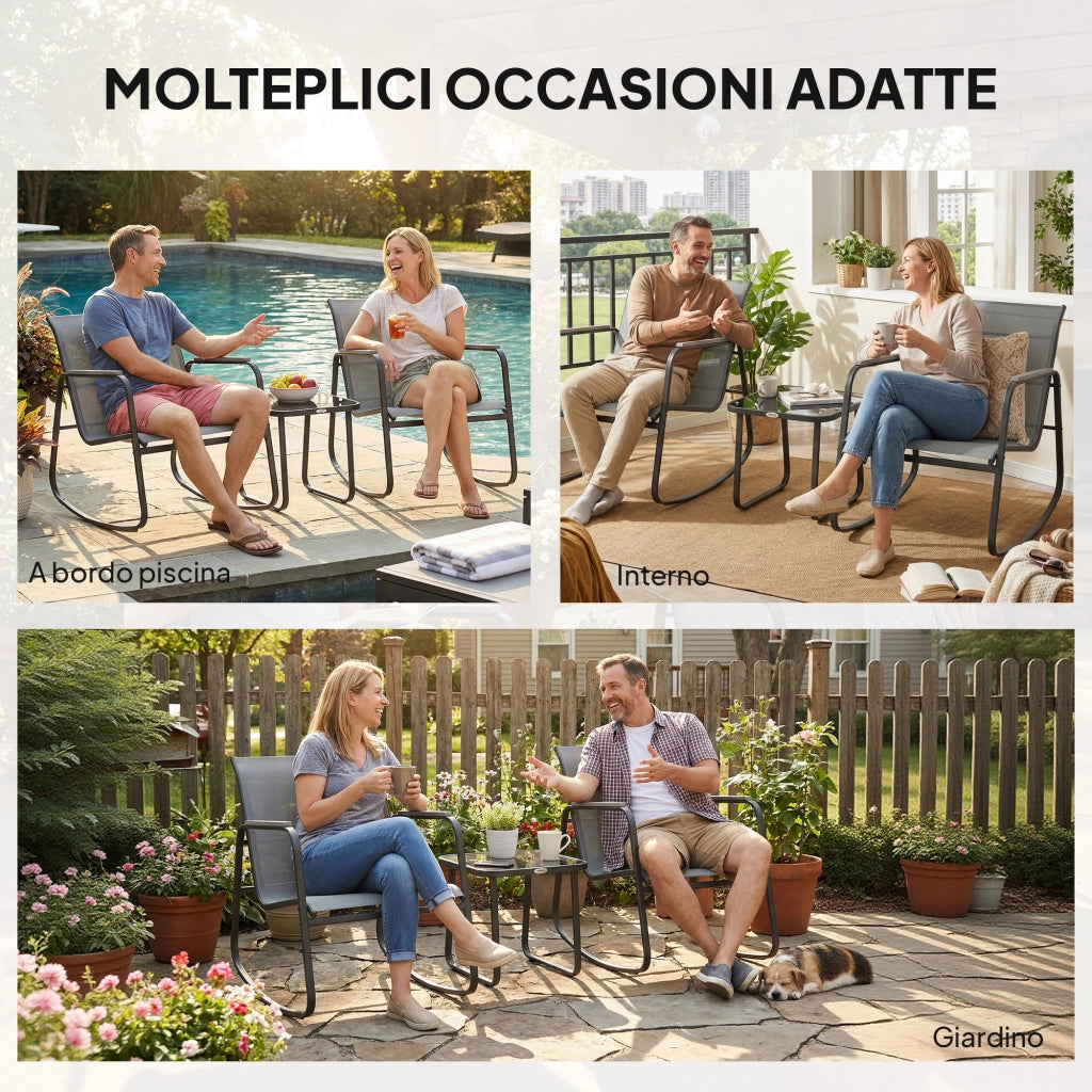 Set da Esterno 3 Pezzi con Sedie a Dondolo e Tavolino ¨C Zephmum ¨C Grigio, Acciaio, Vetro