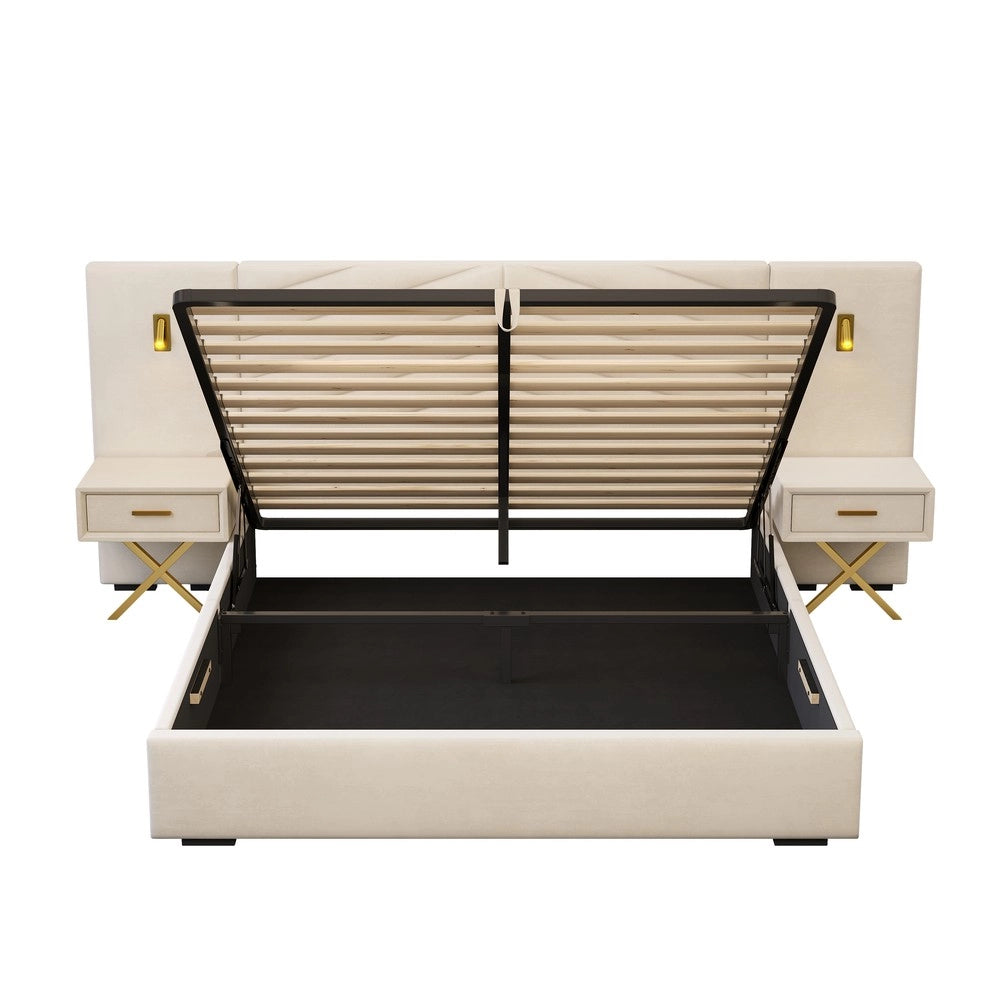Letto Imbottito Contenitore con LED ¨C MINIMAL ¨C Velluto, 266x205x117 cm