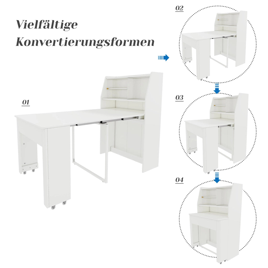 Tavolo da pranzo allungabile con vano contenitore e ripiani, per sala da pranzo, in truciolare e vetro, bianco
