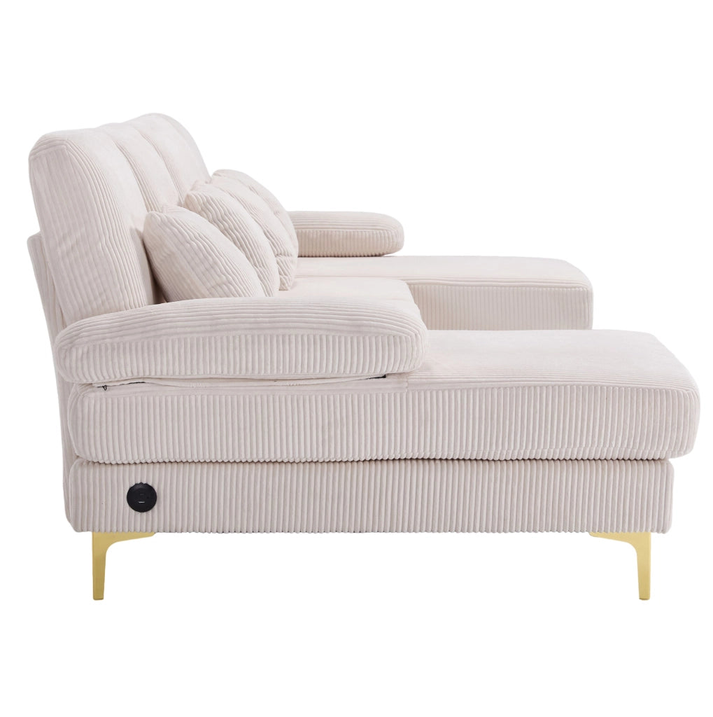 Divano a U 265x135x88 cm con illuminazione LED e porta USB in velluto beige