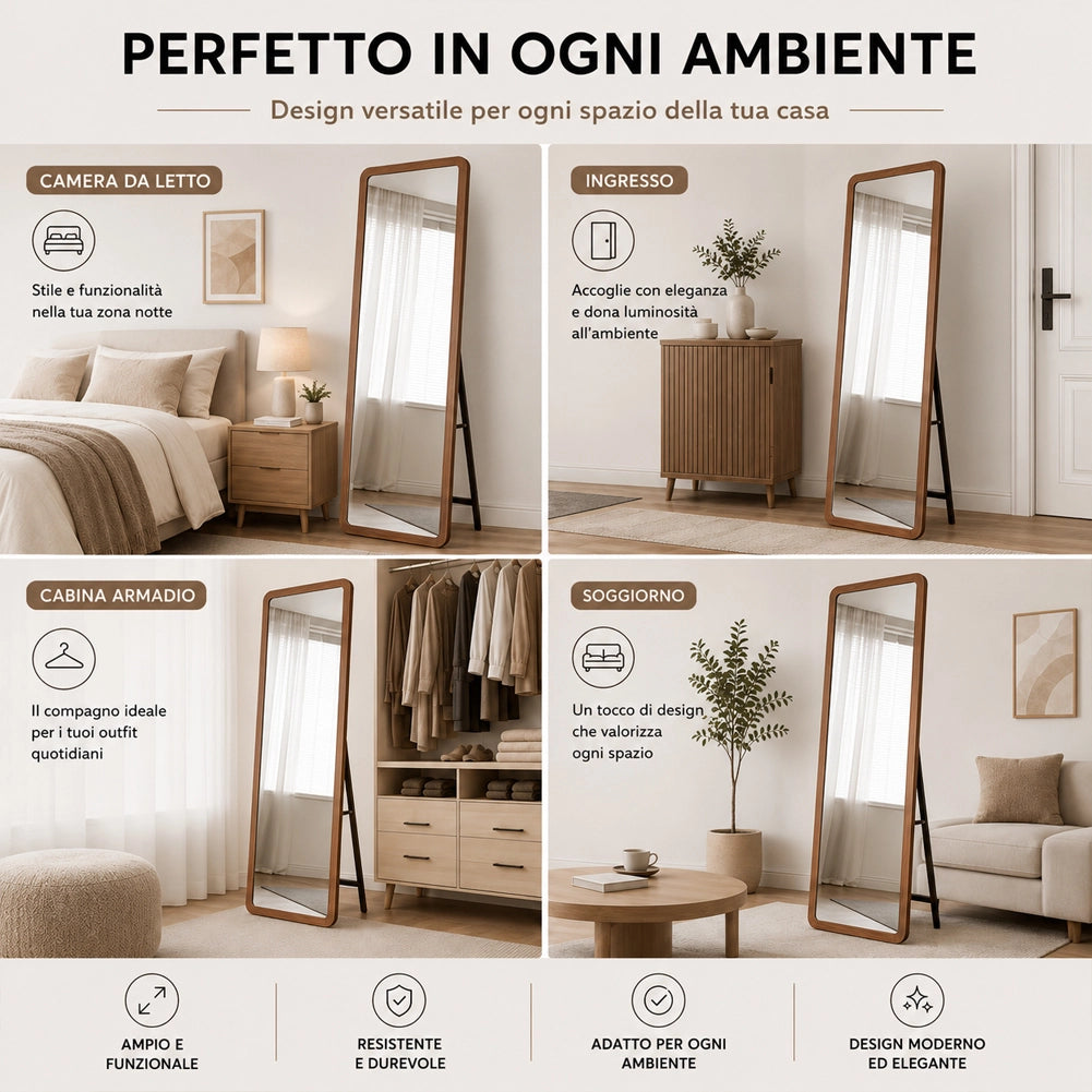 Specchio Doppia Installazione Rovere Parete o Indipendente Moderno 160x50 cm