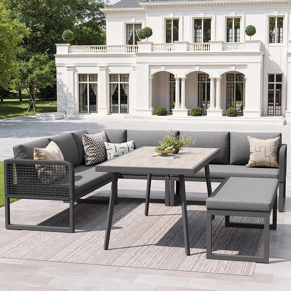 Set da giardino con cuscini - Xylo - Per 6-8 persone - Rotin PE intrecciato a mano - Grigio