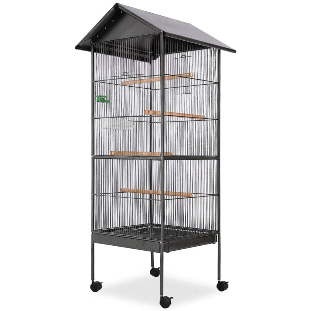 Gabbia per uccelli con tetto in acciaio 66 x 66 x 155 cm nera 02_0041710