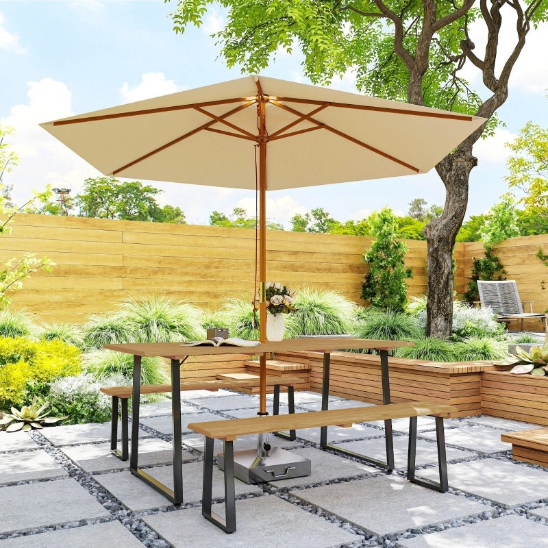Tavolo da pranzo per esterni con 2 panche e foro ombrellone, in legno e acciaio, per giardino, 178 × 76 × 77 cm