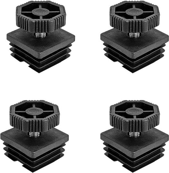 Set di 4 livellatori per sedie, regolazione piedi - kit di inserti tubo quadrato - 38 x 38 mm - M8 trama - coppe di fine per gambe di mobili nere.