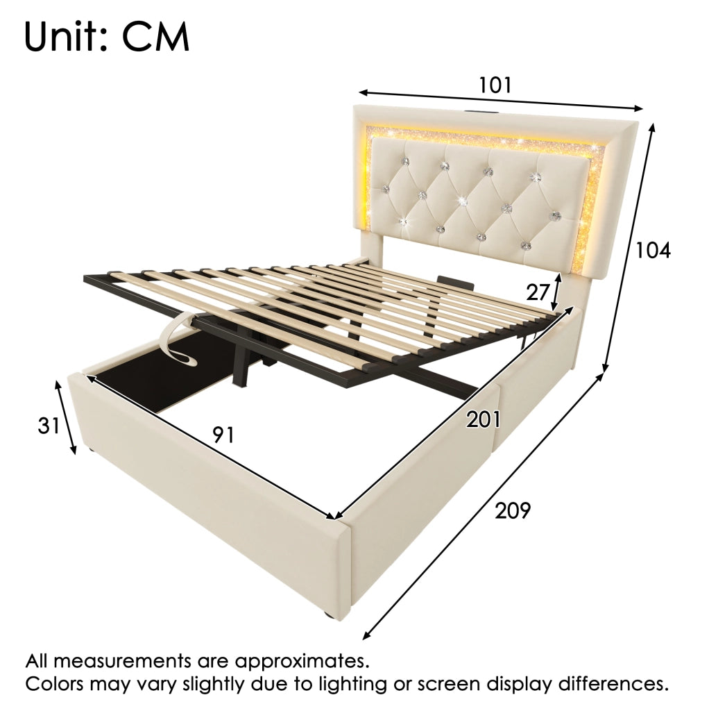 Letto singolo 90x200 cm in velluto beige con LED, USB-C e materasso