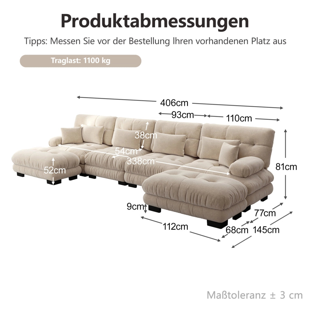 Divano modulare con ottomane mobili 406x145x81 cm in ciniglia color caffè chiaro