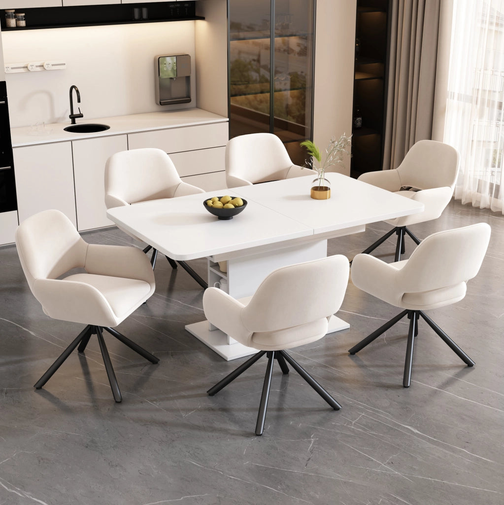 Set di 6 sedie da pranzo girevoli con braccioli; velluto beige; metallo