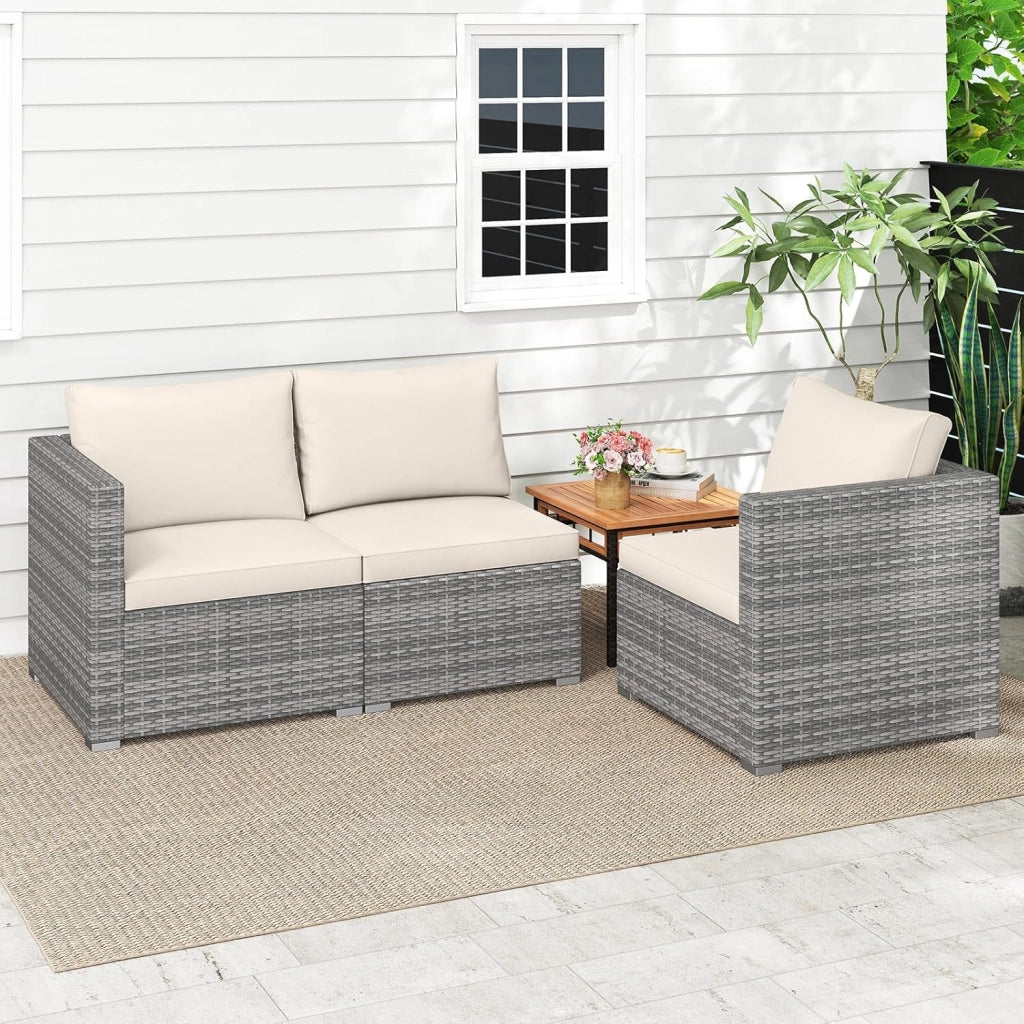 Set Divani da Giardino 3 Pezzi, Set di Mobili Salotto in Rattan PE con Cuscini Morbidi, Set Conversazione da Esterno per Veranda e Bordo Piscina (Bianco)