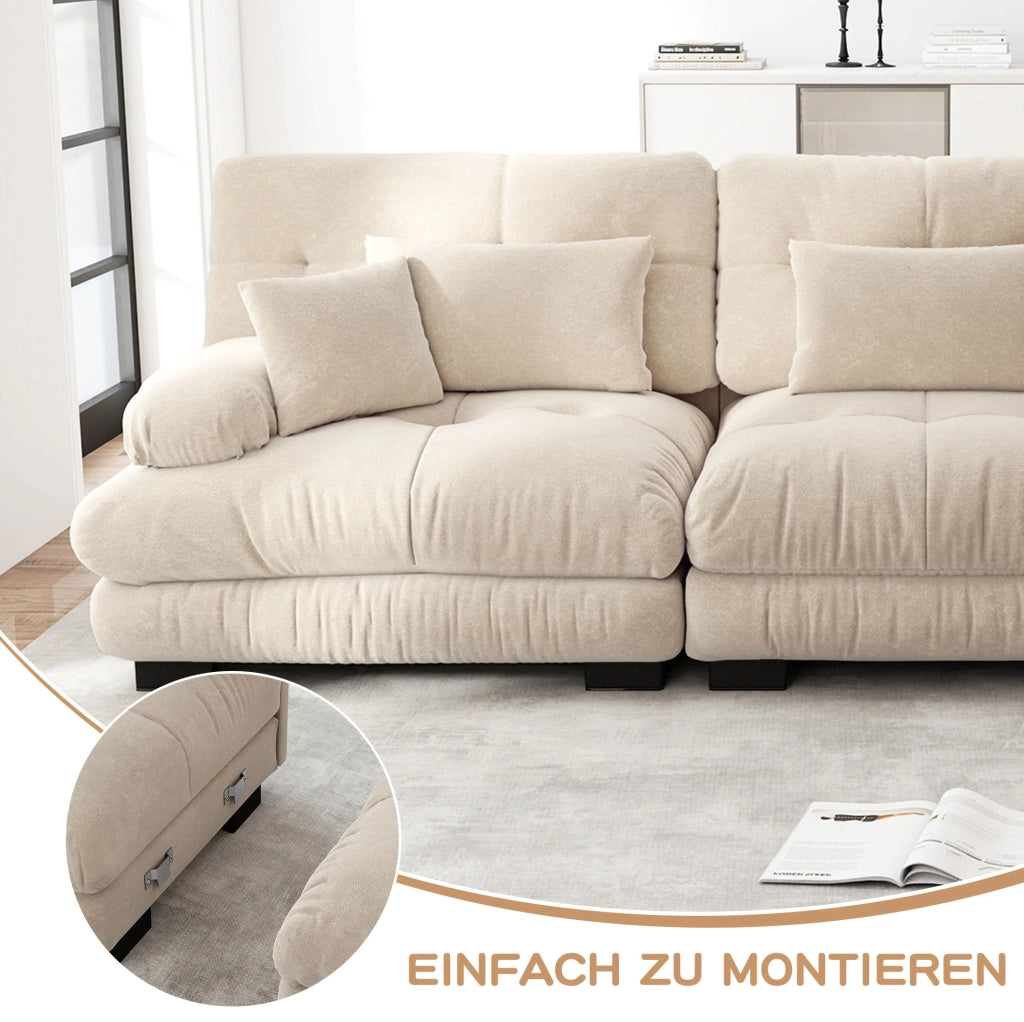 Divano Angolare Modulare a U in Chenille Vintage Marrone Chiaro, 4 Posti con Pouf Mobile