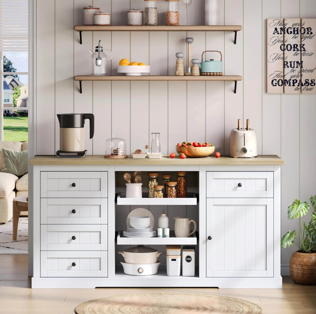 Sideboard bianco multifunzione con 5 cassetti, 2 ripiani estraibili e piano allungabile, 150×65×75 cm