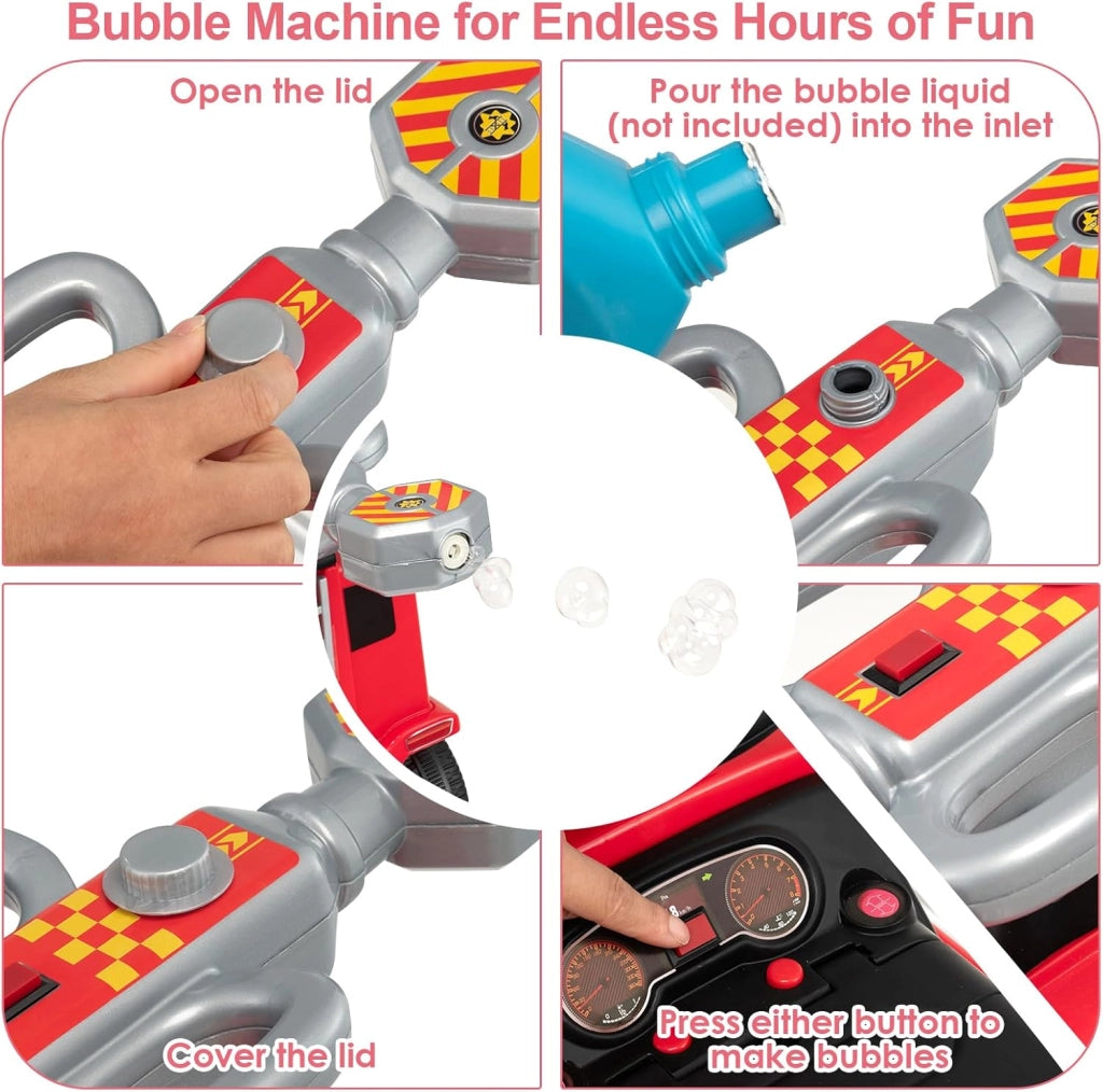 Macchina Cavalcabile per Bambini, Camion Pompieri Realistico con Sedile, Pistola a Bolle d'Aria, Musica, Sirena e Luci di Emergenza, Carica 20 KG, Macchina per Bambini da 18-36 Mesi (Stile A)