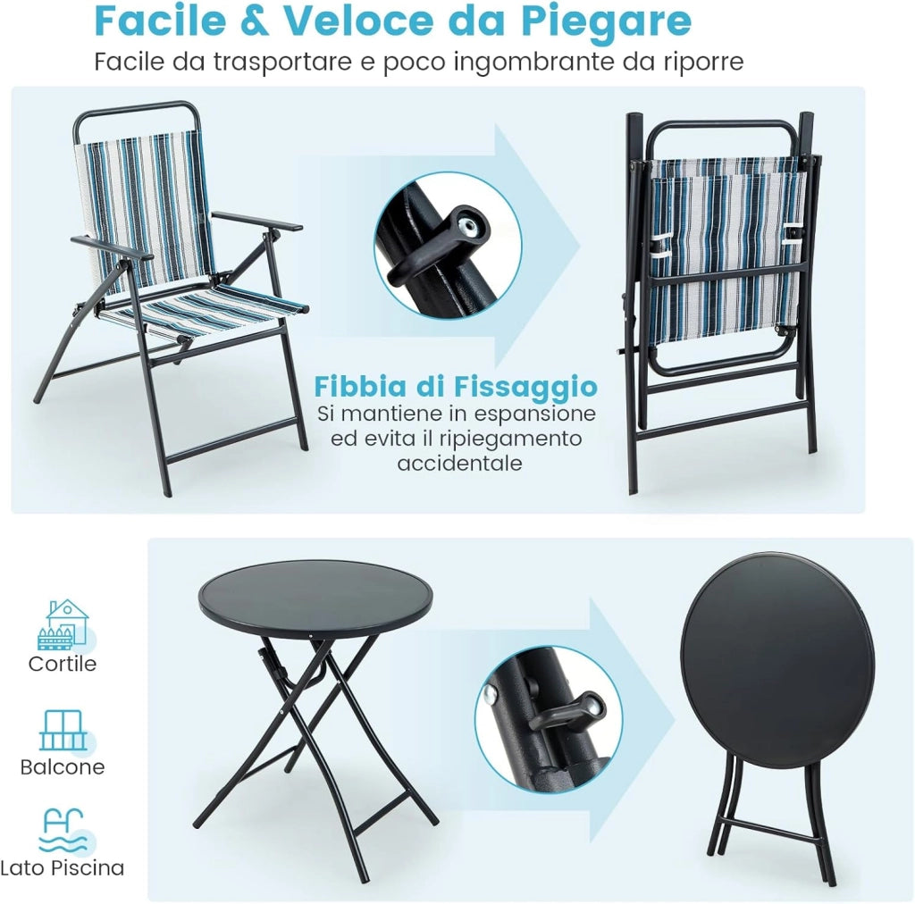 Set Tavolo e Sedie da Giardino Pieghevoli 3 Pezzi, Set Mobili da Esterno con 2 Sedia in Textilene e Tavolino Rotondo in Vetro Temperato, Salottino da Esterno Giardino Balcone