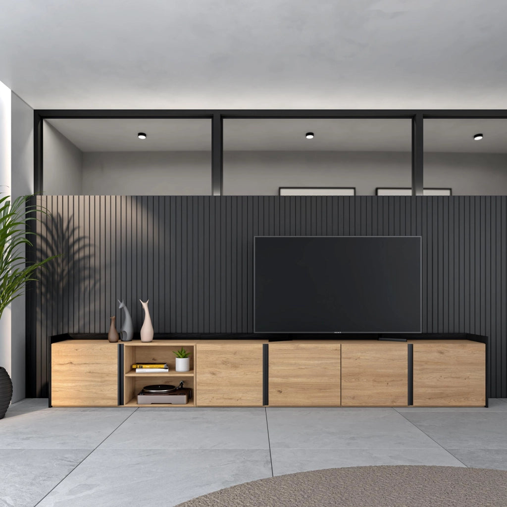 Mobile TV Soggiorno, 309x50x35 cm, Per TV fino a 80", Mobile Soggiorno, Rovere e nero
