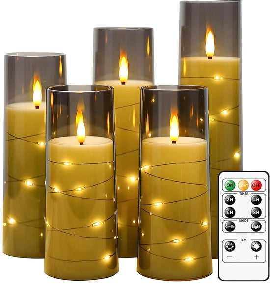 Set di candele a LED senza fiamma, funzionanti a batterie, candele a LED fiammeggianti elettriche con effetto vetro e controllo remoto, timer, effetti di luce, realistici LED candele finte, 5 pezzi (grigio)