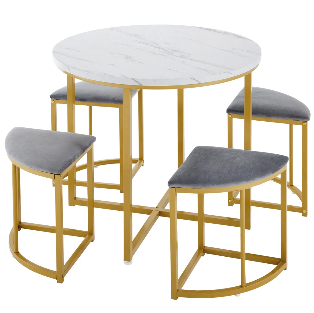 Set da pranzo rotondo 80 cm con 4 sedie; MDF; metallo; bianco e grigio