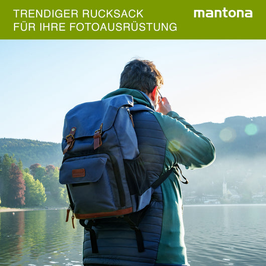 Mantona Luis Retro Zaino fotografico blu, per fotocamera con copertura antipioggia, borsa fotografica con scomparto per laptop, DSLR, 3 obiettivi e accessori fotografici