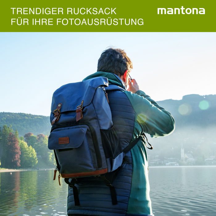Mantona Luis Retro Zaino fotografico blu, per fotocamera con copertura antipioggia, borsa fotografica con scomparto per laptop, DSLR, 3 obiettivi e accessori fotografici